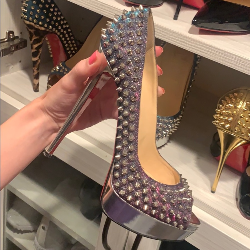 Louboutin Lady Peep Silver Spikes Lame Heels 40.5